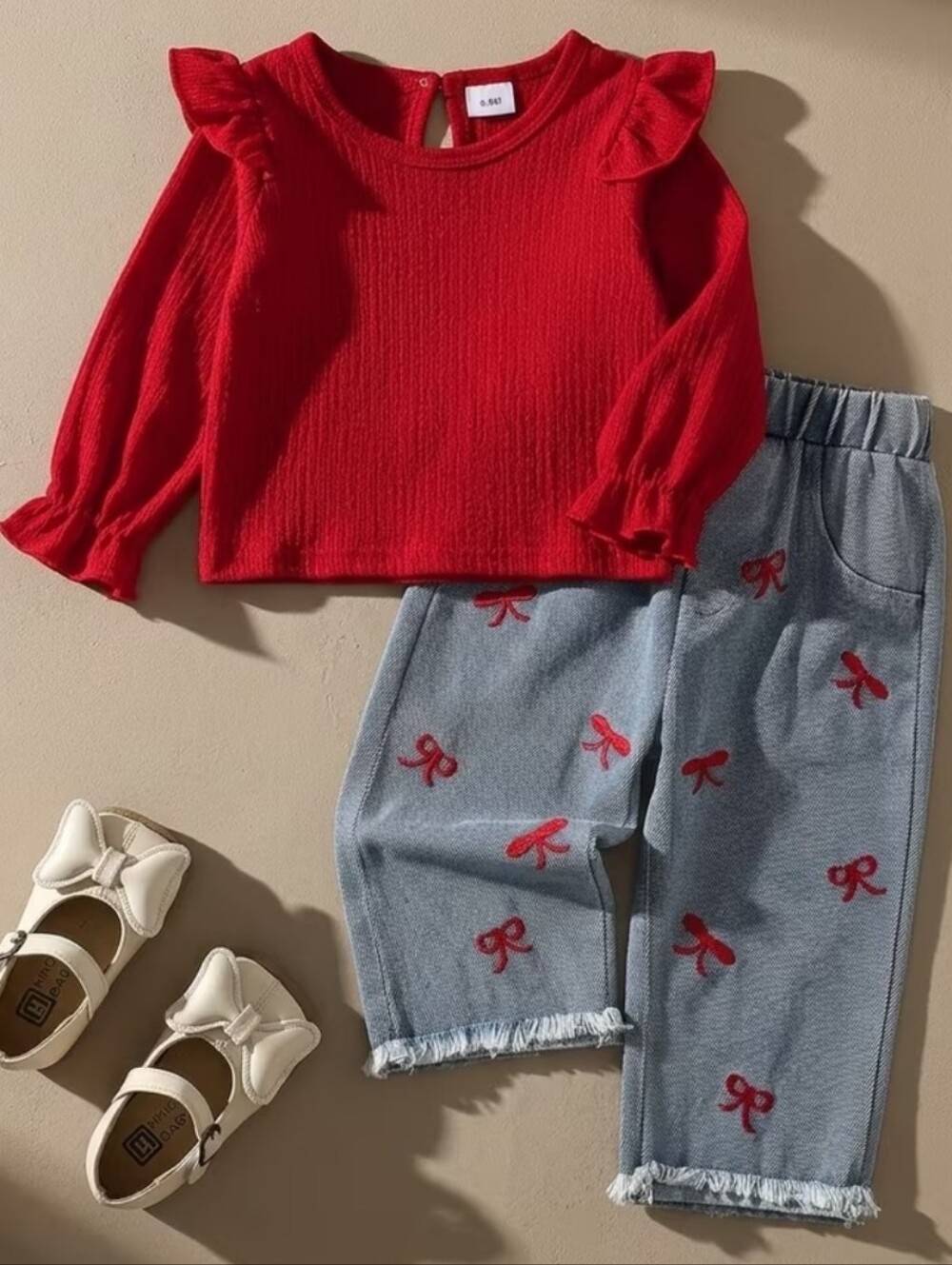Baby Girl's Holiday Red Ruffle Knit Top and Bow-Print Jeans Set New